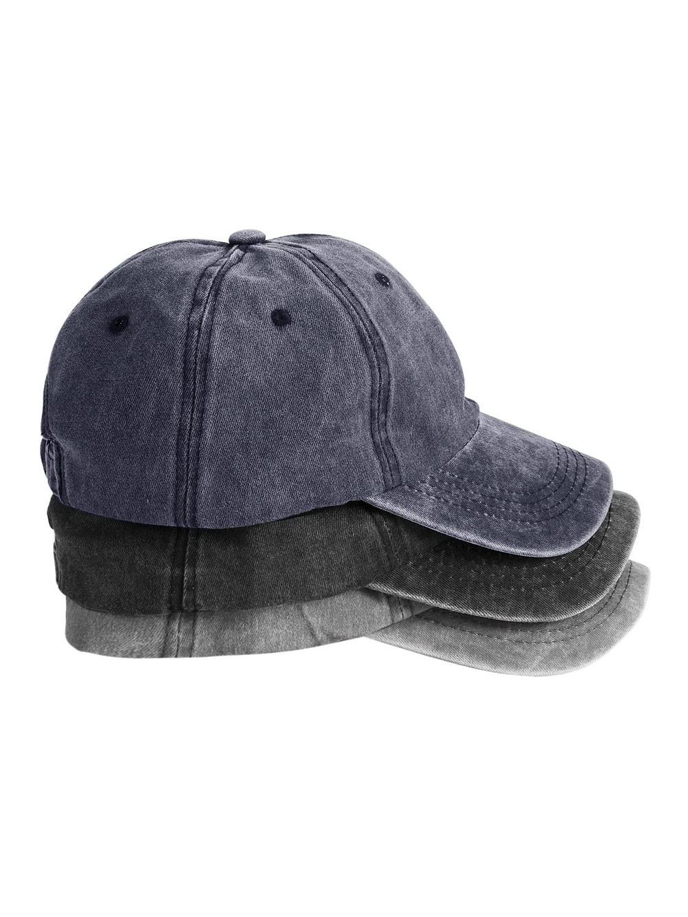 3 Packs Washed-Cotton Plain Baseball Cap | Black, Gray, Navy | Size OS